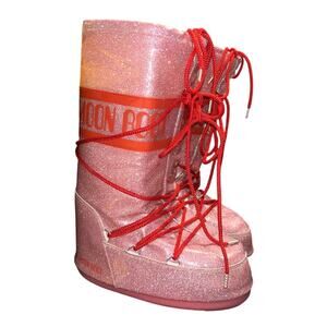 Auth Moon Boots Icon Glitter Limited Edition Pink Red Puffer Snow Boots 7 8